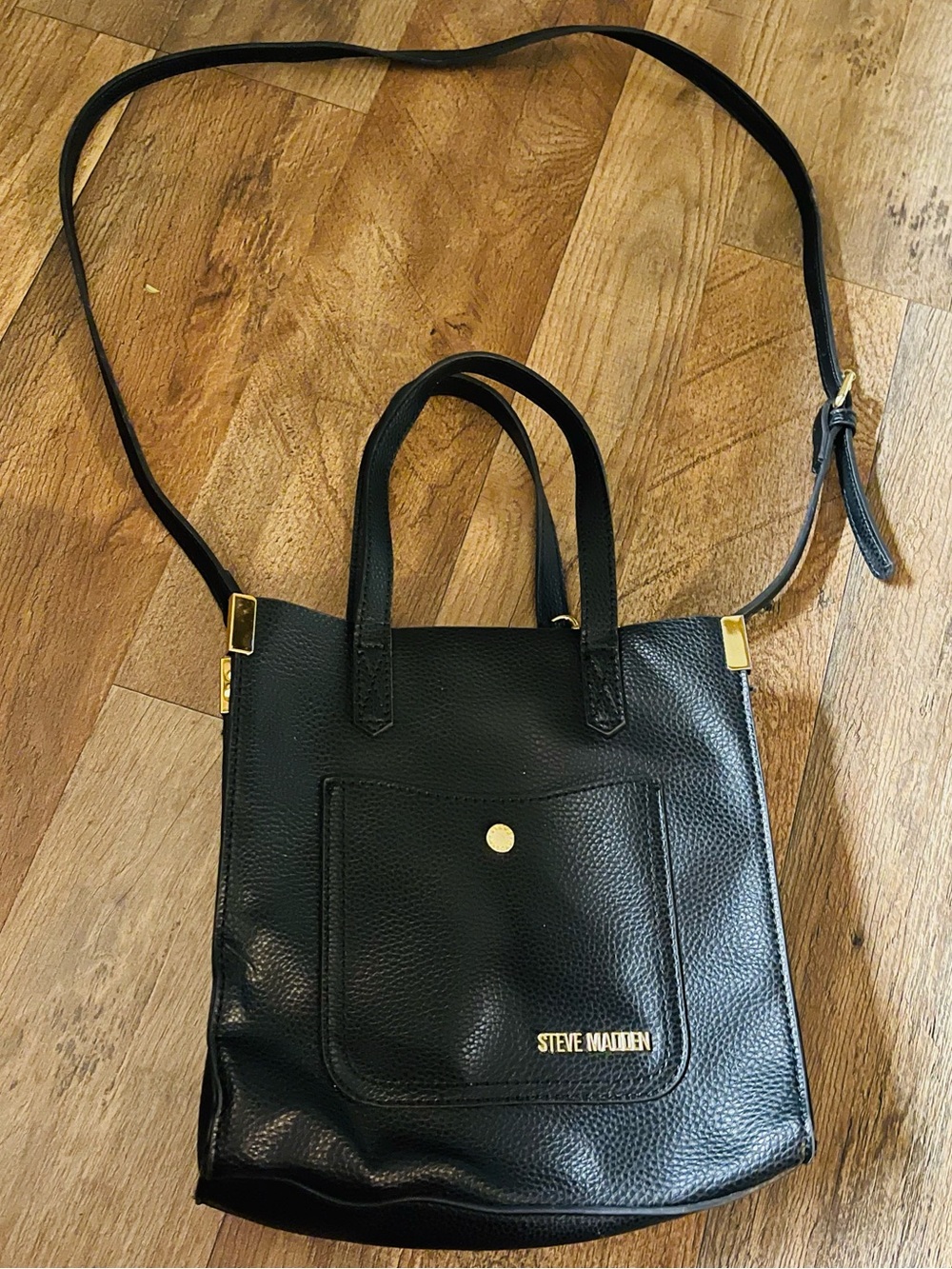 Steve Madden Black Leather Crossbody Satchel with Gold Accents